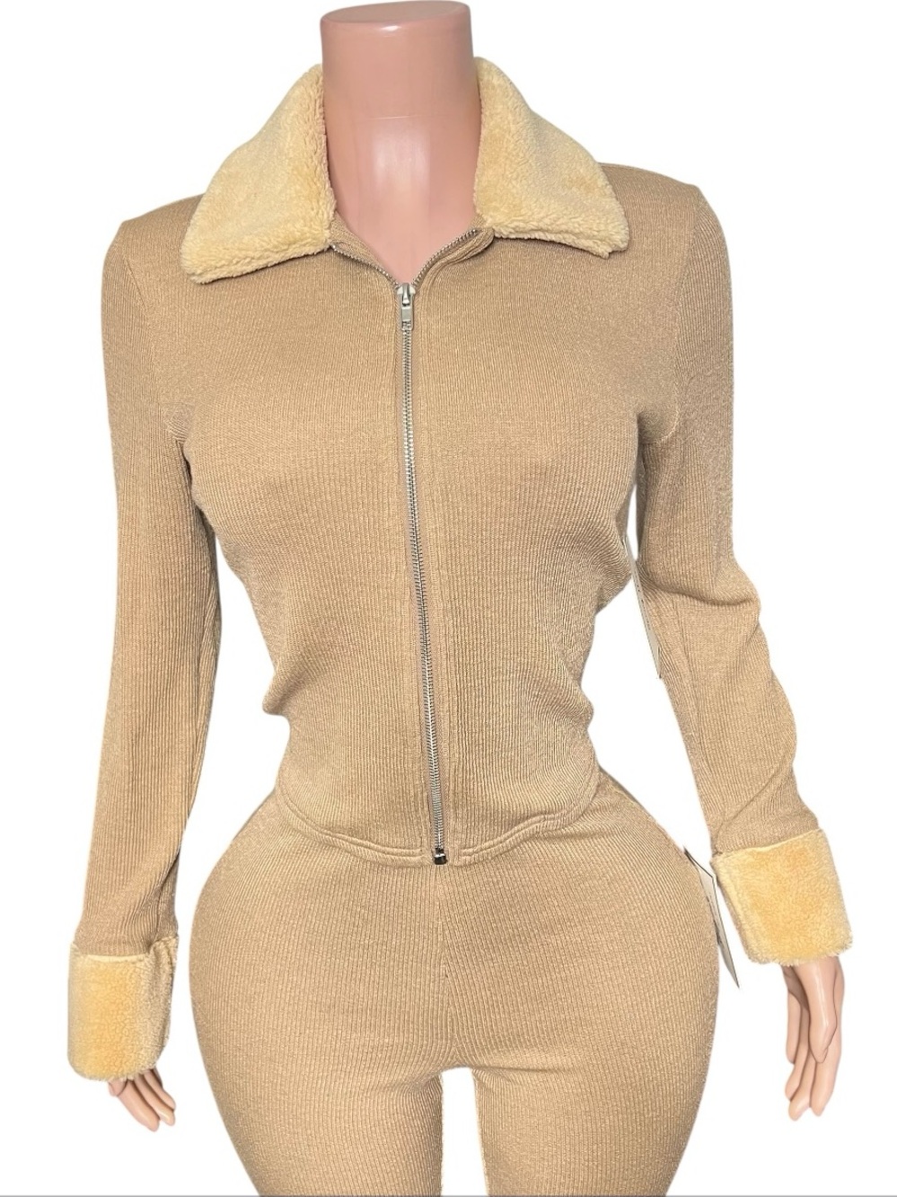 Beige Zip-Front Two-Piece Pantsuit with Faux Fur Trim - Picture 2 of 5